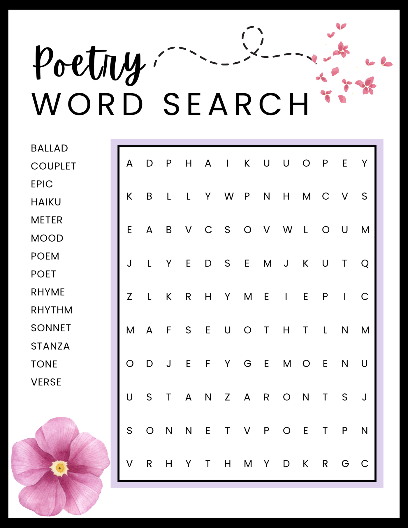 Poetry Month Word Search Puzzle | Printable Activity for Kids & Adults | Instant Download