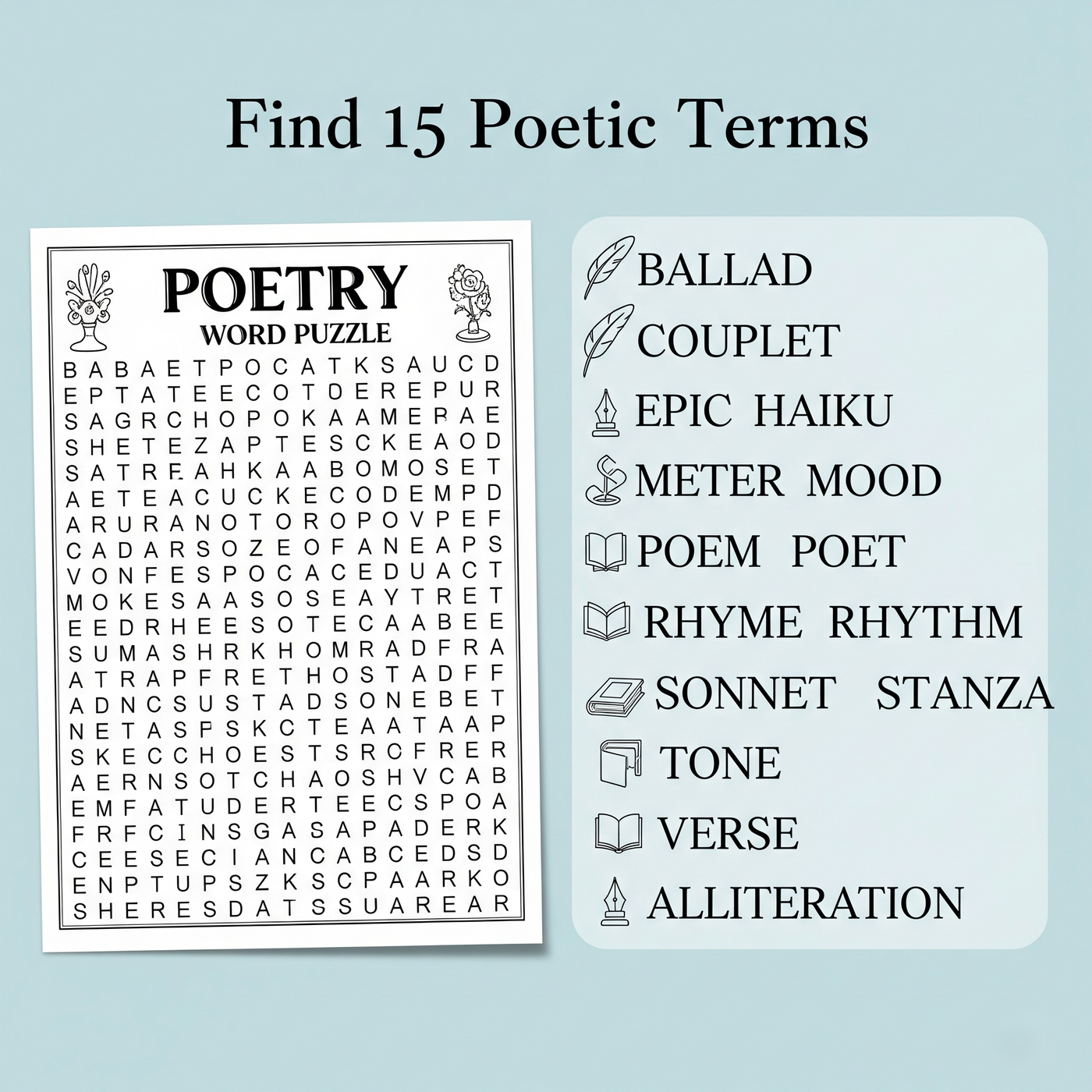 Poetry Month Word Search Puzzle | Printable Activity for Kids & Adults | Instant Download