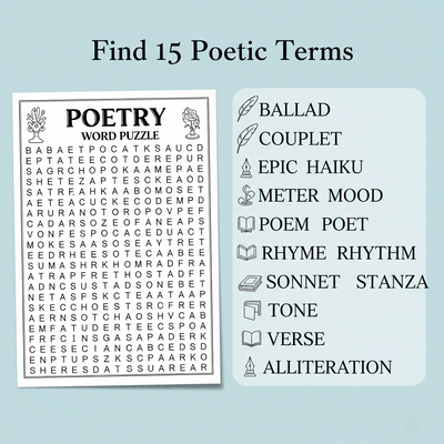 Poetry Month Word Search Puzzle | Printable Activity for Kids & Adults | Instant Download